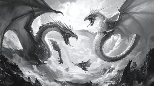Colossal twin dragons clash above storm-lashed canyon