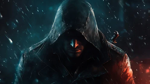 Hooded vigilante in cinematic rain with dramatic rim light.