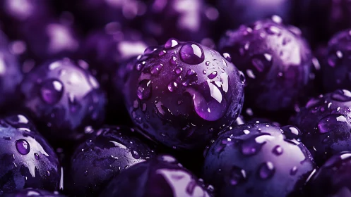 Close-up view shows wet purple grapes with surface water droplets