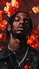 Confident man with chains against bold red floral backdrop.