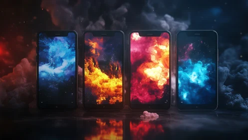 Smartphones with elemental nebula screens in dark studio.