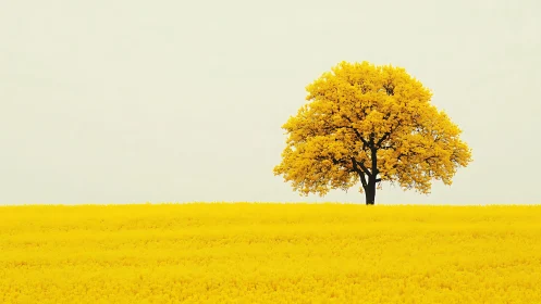 Solitary golden tree in minimal yellow field landscape.