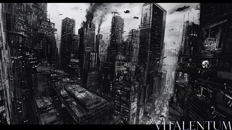 High-density dystopian skyline with industrial smog and patrol aircraft