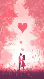 Romantic Couple Under Floating Hearts in Coral Forest Landscape.