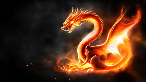 Fiery dragon coils in glowing embers against smoky night sky