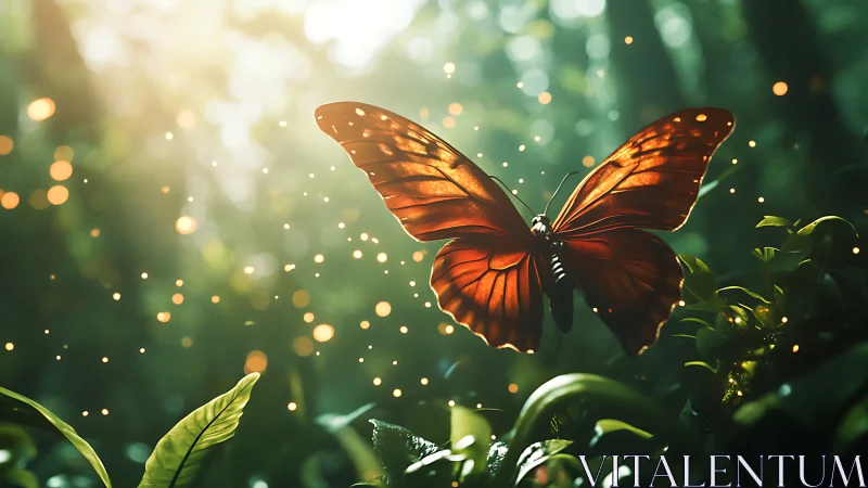 Firelit forest butterfly drifting through emerald hush.