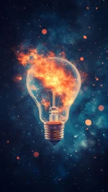 Glowing glass bulb contains swirling fire over cosmic void