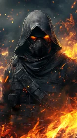 Hooded pyro operative with glowing eyes in blazing inferno.