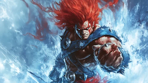 Flaming-maned warrior punches through frozen storm.