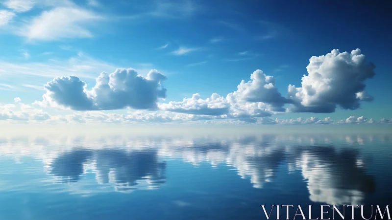 Cumulus cloud bank mirrored on calm ocean horizon line