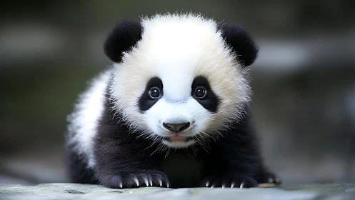 High-detail close-up of juvenile giant panda on stone surface