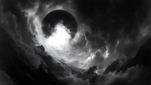 Eclipsed void over storm-torn mountains in monochrome sky.