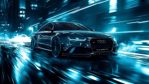 Sleek black sports car gliding through neon city lights.