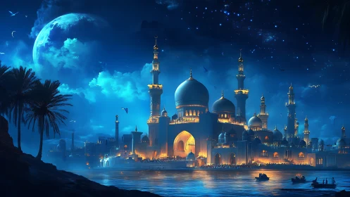 Moonlit domes and river boats around a glowing desert palace.