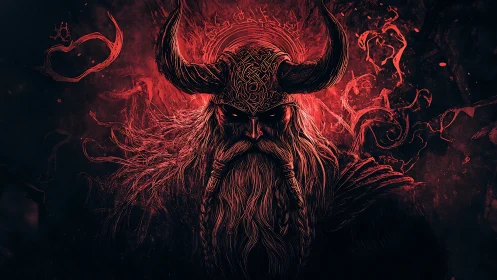 Runic horned warlord emerges from infernal red vortex