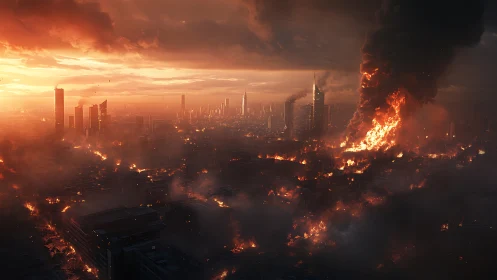 Cinematic cityscape inferno under apocalyptic sunset lighting.