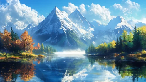 Snowcapped peaks mirrored in tranquil autumn lake panorama.