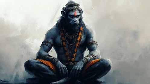 Mythic simian warrior sits in meditative, guarded poise