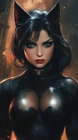 Feline vigilante portrait with glossy armor and cinematic rim lighting