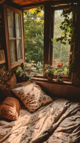 Sunlit cottage bed under open window and climbing plants.