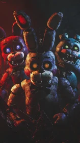Animatronic rabbits emerge under hostile triadic lighting effects
