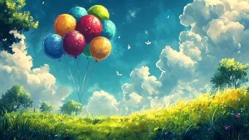 Luminous Balloons Float Above Verdant Meadow Under Turquoise Sky
