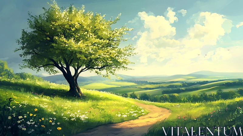 Solitary tree stands beside dirt path in sunlit valley