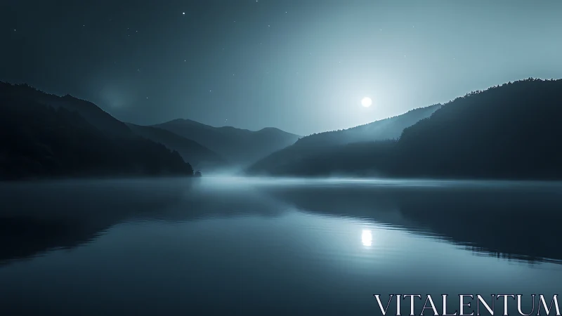 Moonlit mist over still fjord cradled by midnight hills.