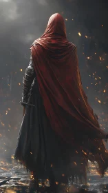 Hooded warrior in red cloak stands amid drifting embers