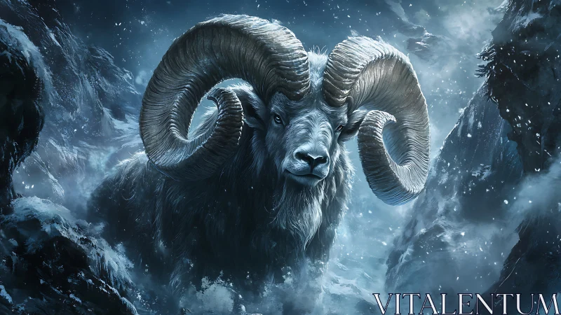 Horned mountain ram in cold blue-toned alpine landscape.
