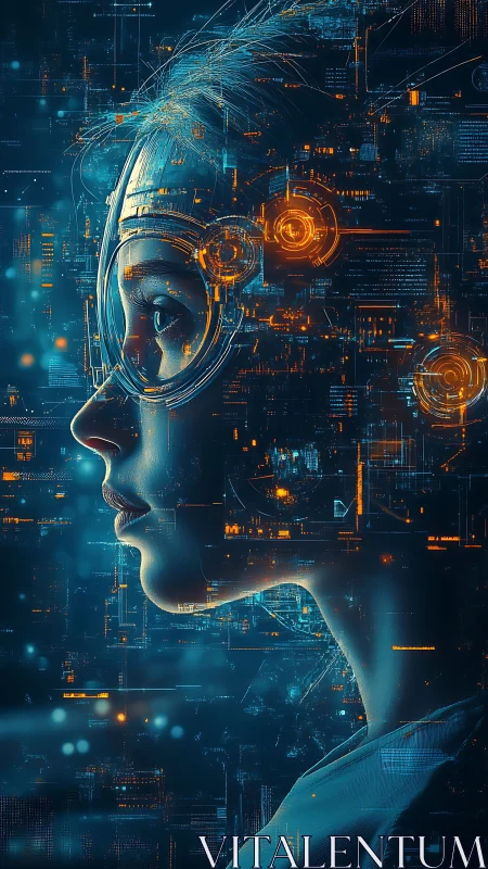 Cybernetic profile of neon-lit woman in holographic HUD grid.