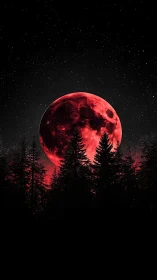 Crimson supermoon over silhouetted conifer forest nightscape