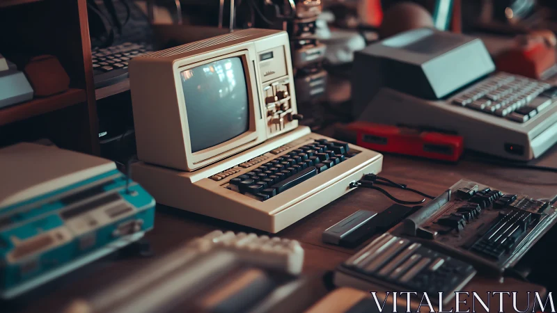 Retro computer workstation amid vintage electronics collection.