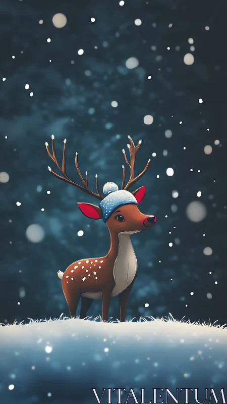Stylized reindeer stands in snowfall on a softly lit ridge