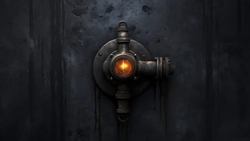 Rustbound reactor eye glaring from a shadowed steel wall.