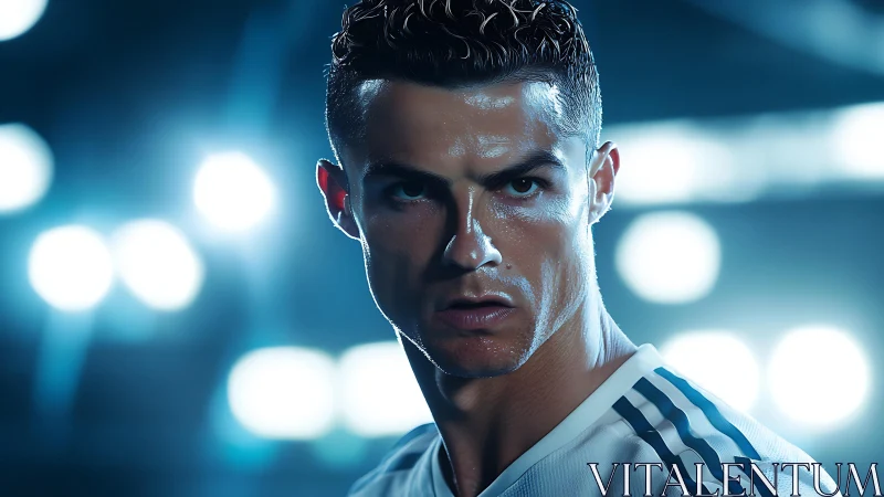 Stadium warrior locked in steel gaze beneath electric lights.