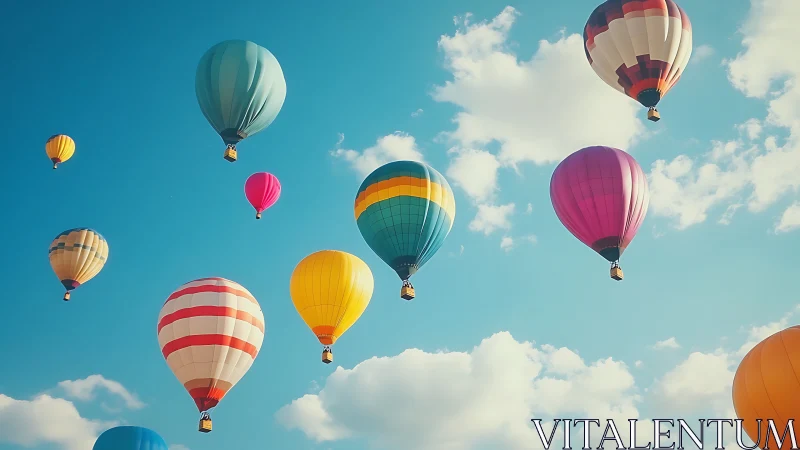 Color-rich hot air balloons drifting across blue sky.