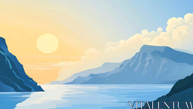 Minimalist coastal sunrise with layered mountain silhouettes.