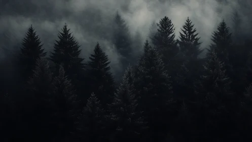 Dense coniferous forest under low-lying fog at dusk.