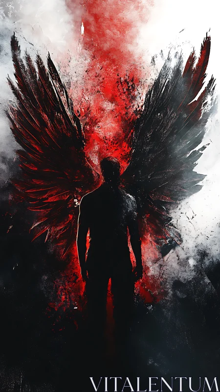 Winged shadowed figure in red and monochrome infernal burst.