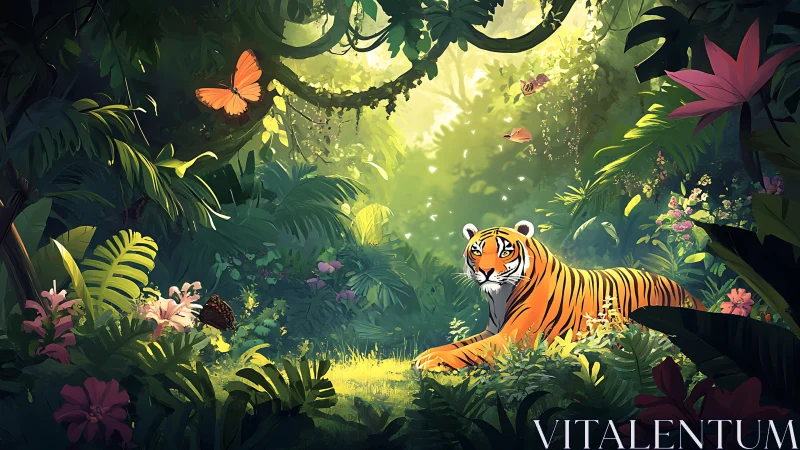 Tiger rests in dense jungle clearing under filtered sunlight