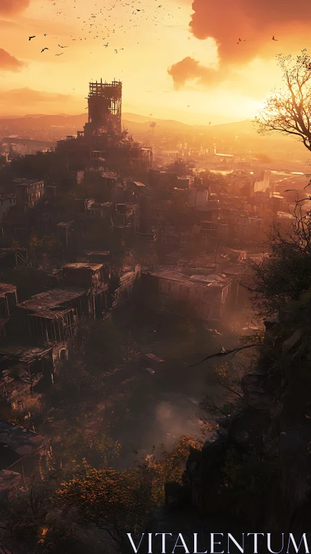 Golden sunset gently washes a quiet post apocalyptic city