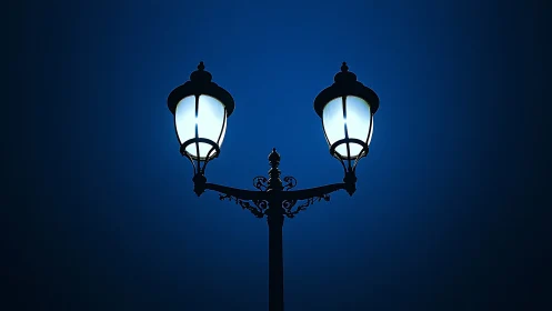 Symmetric dual-lantern streetlight in nocturnal blue gradient.