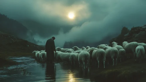 Shepherd guides flock through misted mountain stream at dusk.