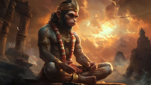 Monkey-headed deity sits meditating before ruined temples