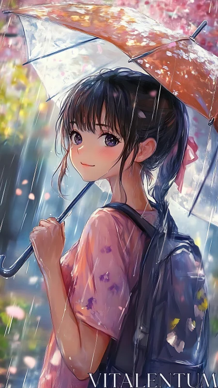 Girl under spring rain with luminous umbrella artwork.