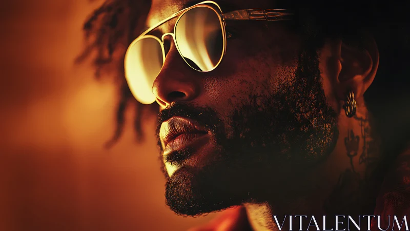 Portrait with golden sunglasses in warm cinematic light.