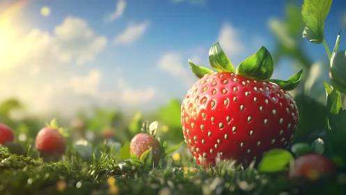 Sunlit strawberry rests in lush garden under vivid sky