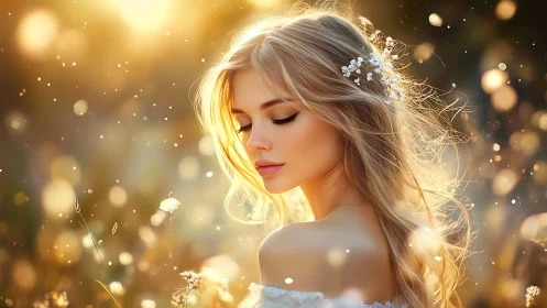 Golden hour portrait of young woman in glowing field.