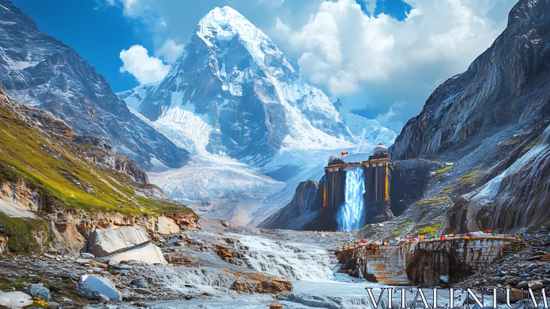 Digital painting of alpine temple waterfall in glacial pass.